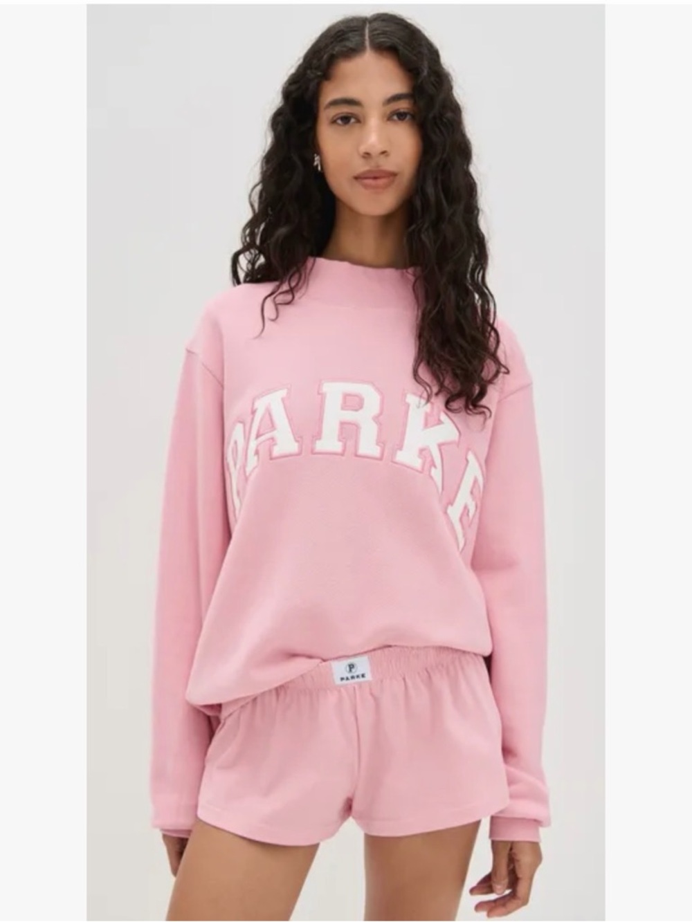 PARKE Heritage Varsity MockNeck Sweatshirt in Conch Pink / White